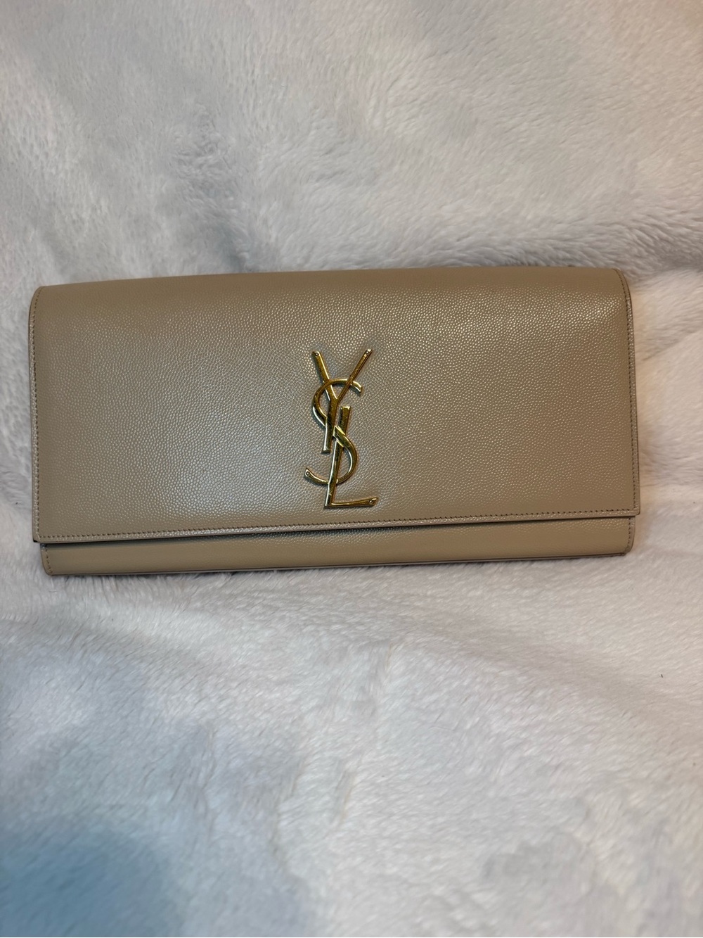 Yves Saint Laurent Taupe Leather Clutch with Gold YSL Emblem
